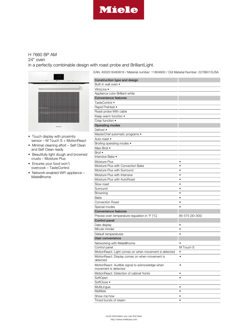 Page 1 de la notice Fiche technique Miele H 7660 BP AM