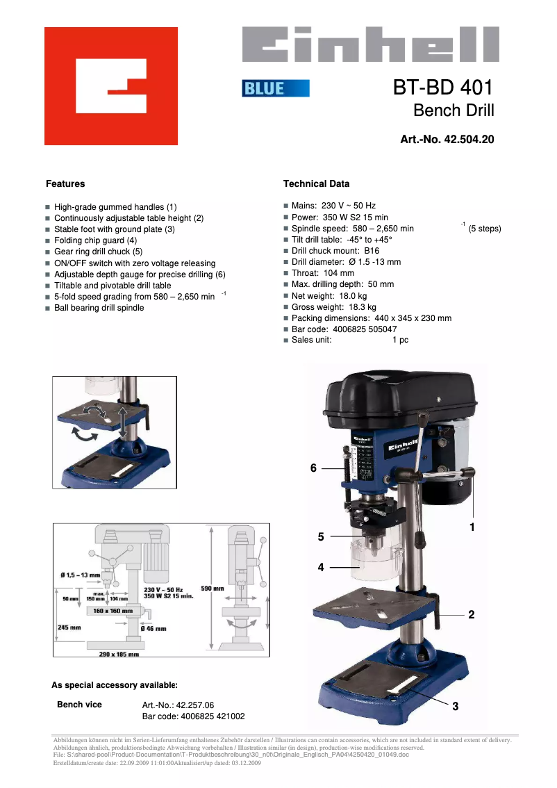 Page 1 de la notice Fiche technique Einhell BT-BD 401