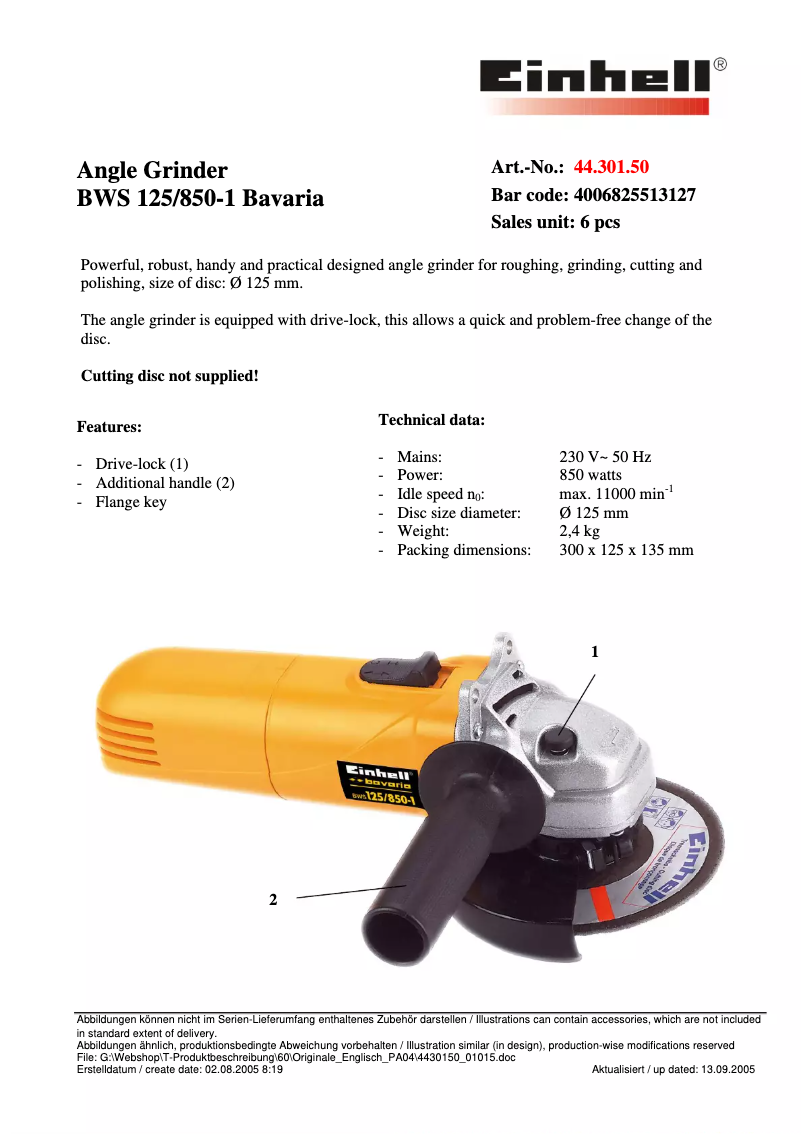 Page 1 de la notice Manuel utilisateur Bavaria by Einhell BWS 125/850-1