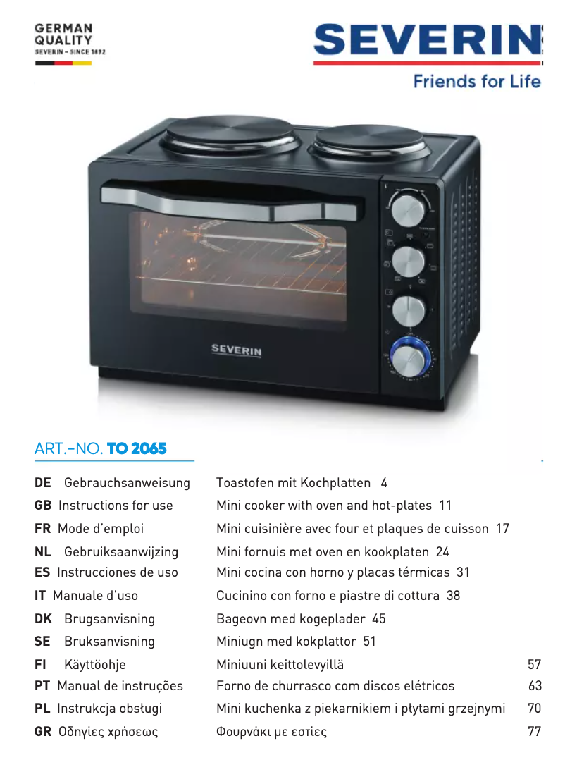 Page 1 de la notice Manuel utilisateur Severin TO 2065