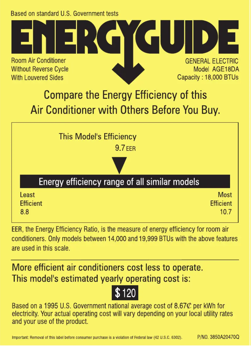 Page 1 de la notice Label énergétique GE A18DA