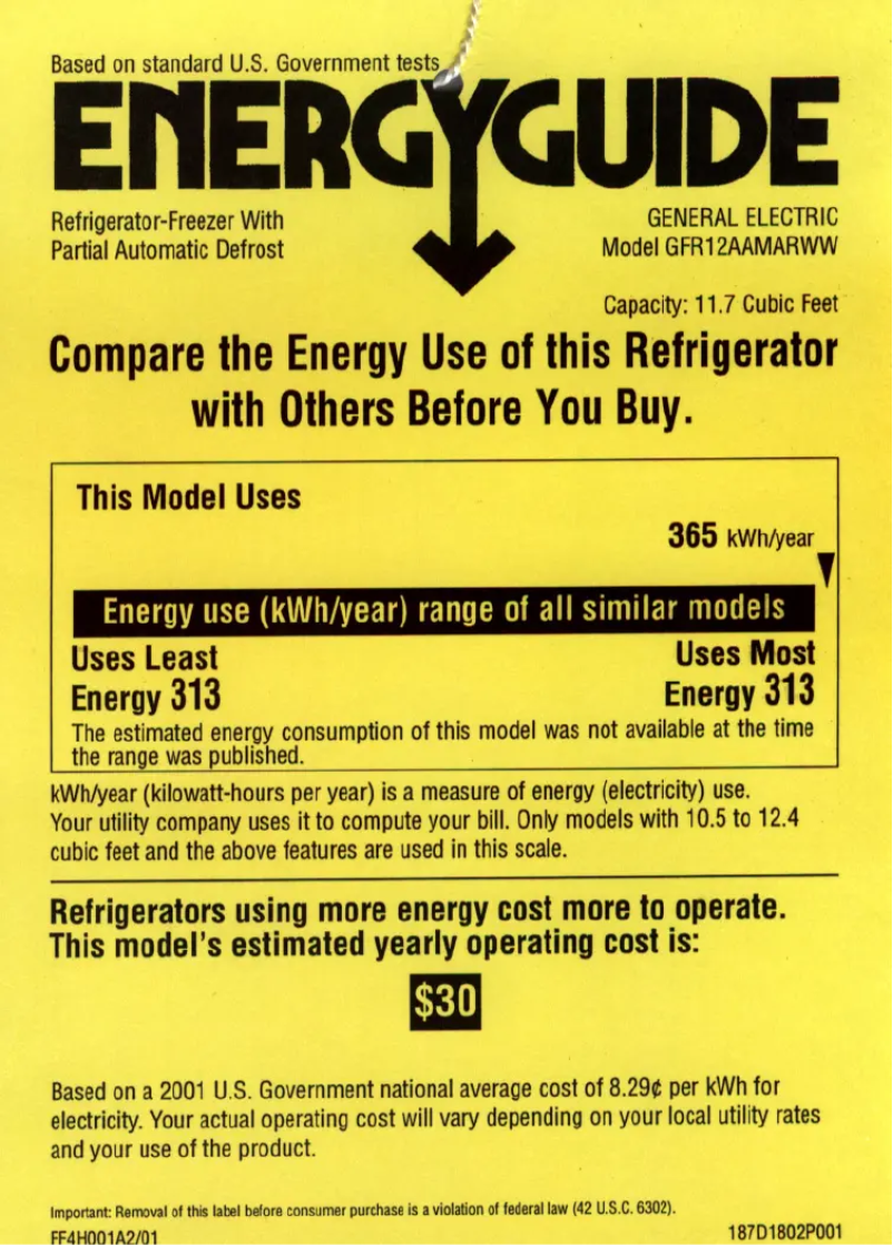 Page 1 de la notice Label énergétique GE GFR12AAMRWW