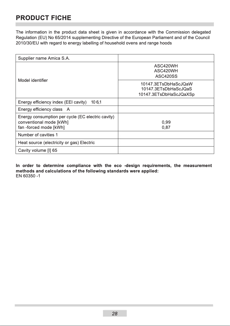 Página 1 del manual Ficha técnica Amica ASC420WH