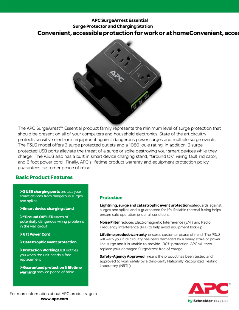 Page 1 de la notice Manuel utilisateur APC SurgeArrest Essential P3U3