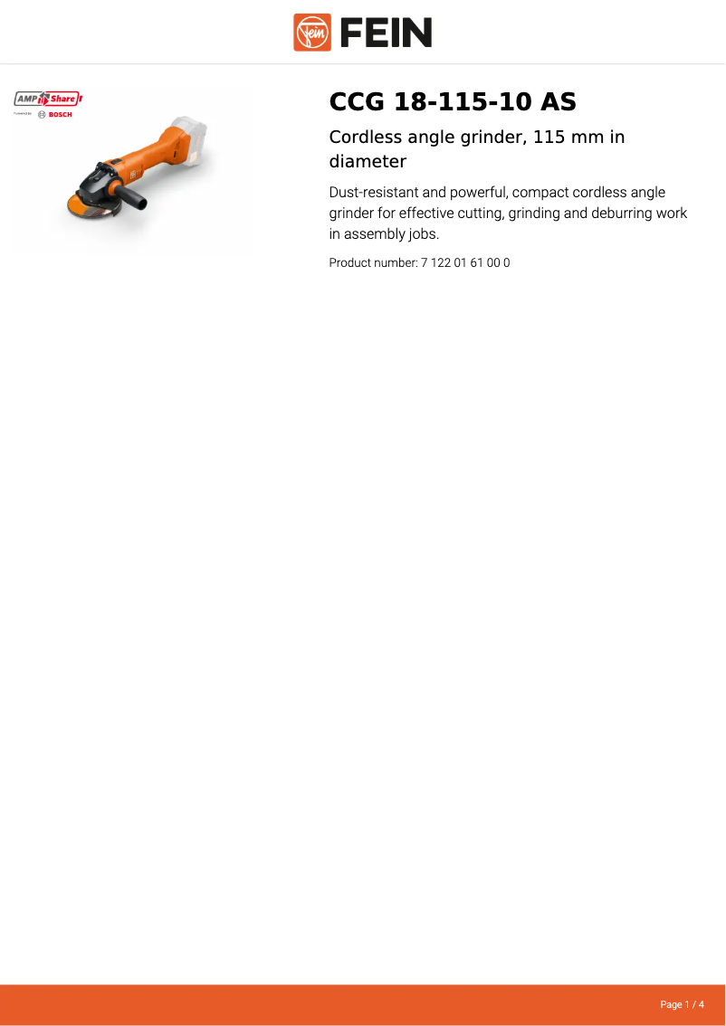 Page 1 de la notice Fiche technique Fein CCG 18-115-10 AS