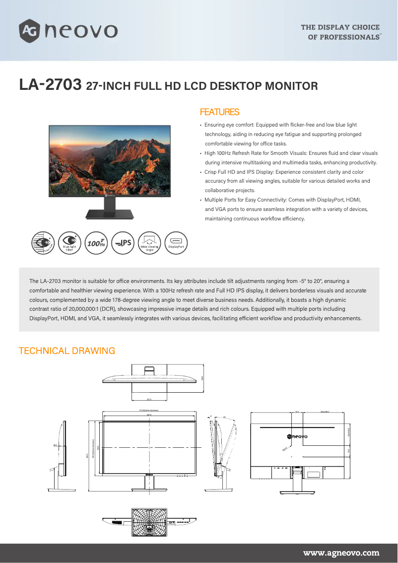 Page 1 de la notice Fiche technique AG Neovo LA-2703