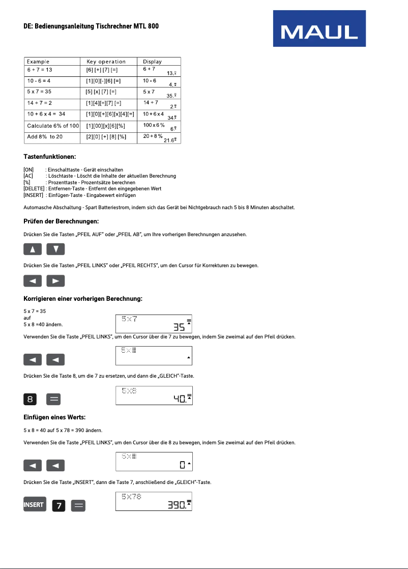 Page n°1 - Manuel utilisateur MAUL MTL 800