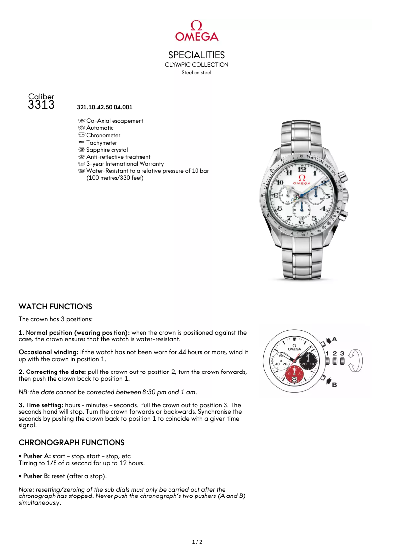 Page 1 de la notice Manuel utilisateur Omega Specialities Olympic Collection