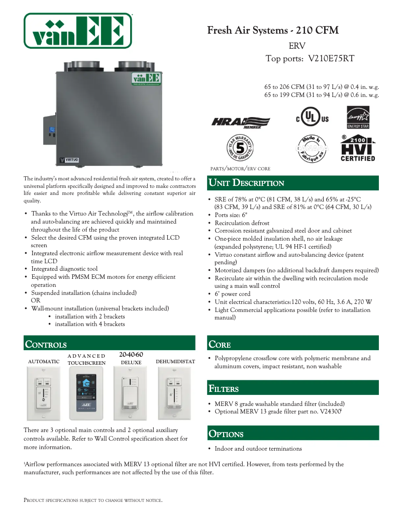 Page 1 de la notice Fiche technique vänEE V210E75RT