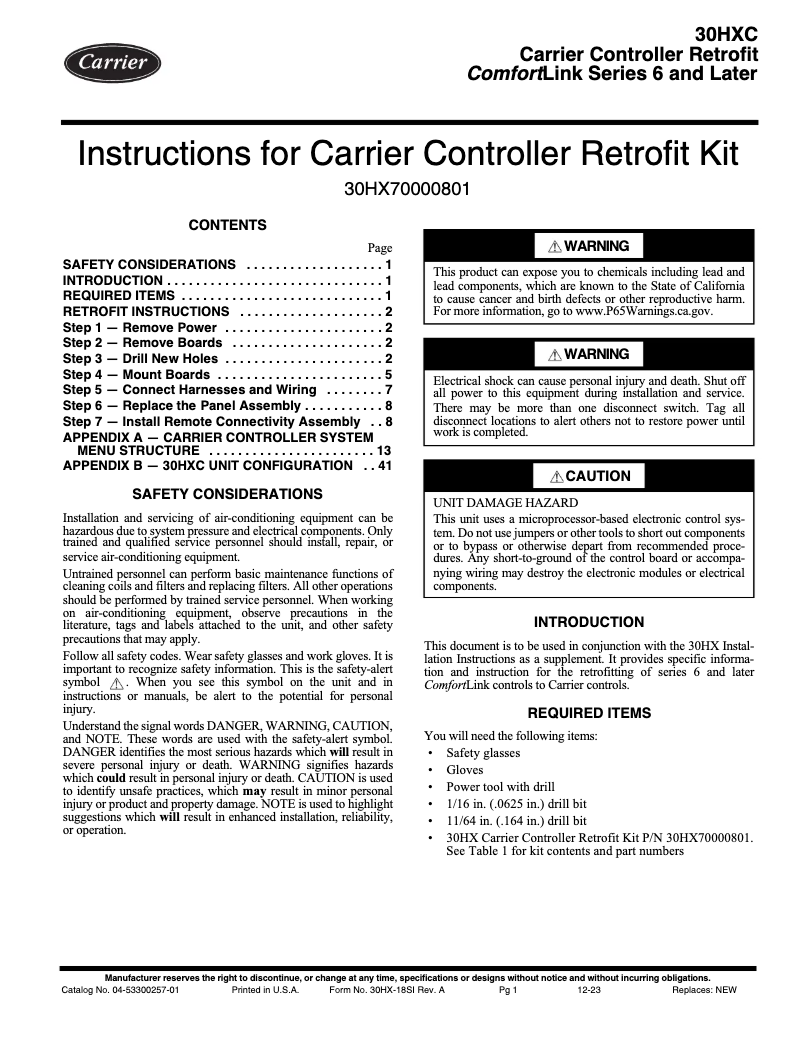 Page 1 de la notice Manuel utilisateur Carrier AquaForce 30HX