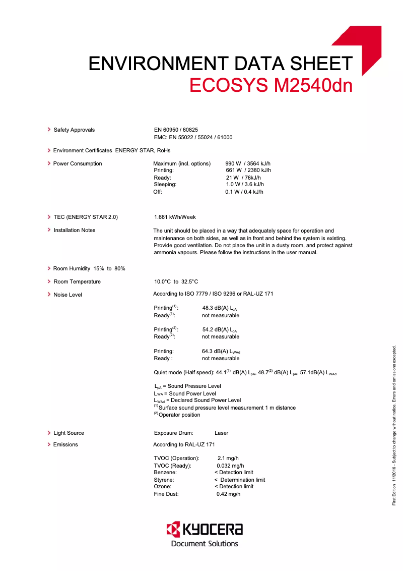 Page n°1 - Fiche technique Kyocera ECOSYS M2540dn