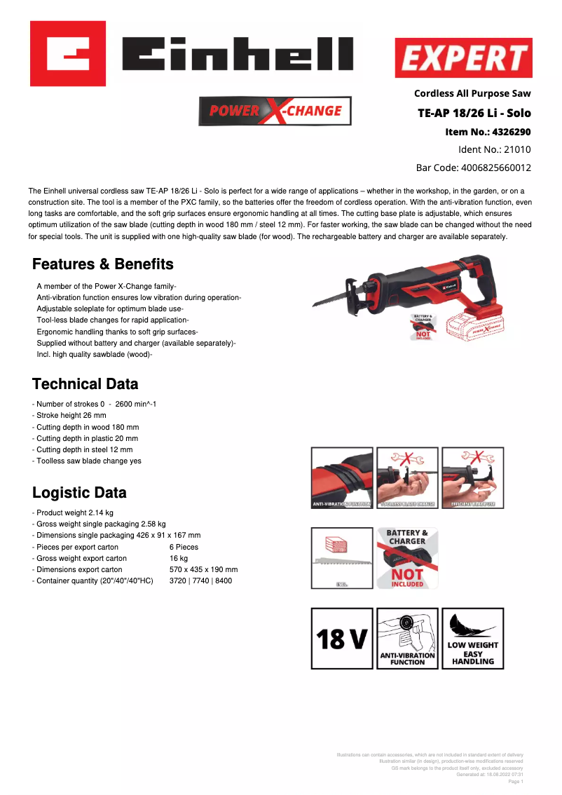 Page 1 de la notice Fiche technique Einhell TE-AP 18/26 Li