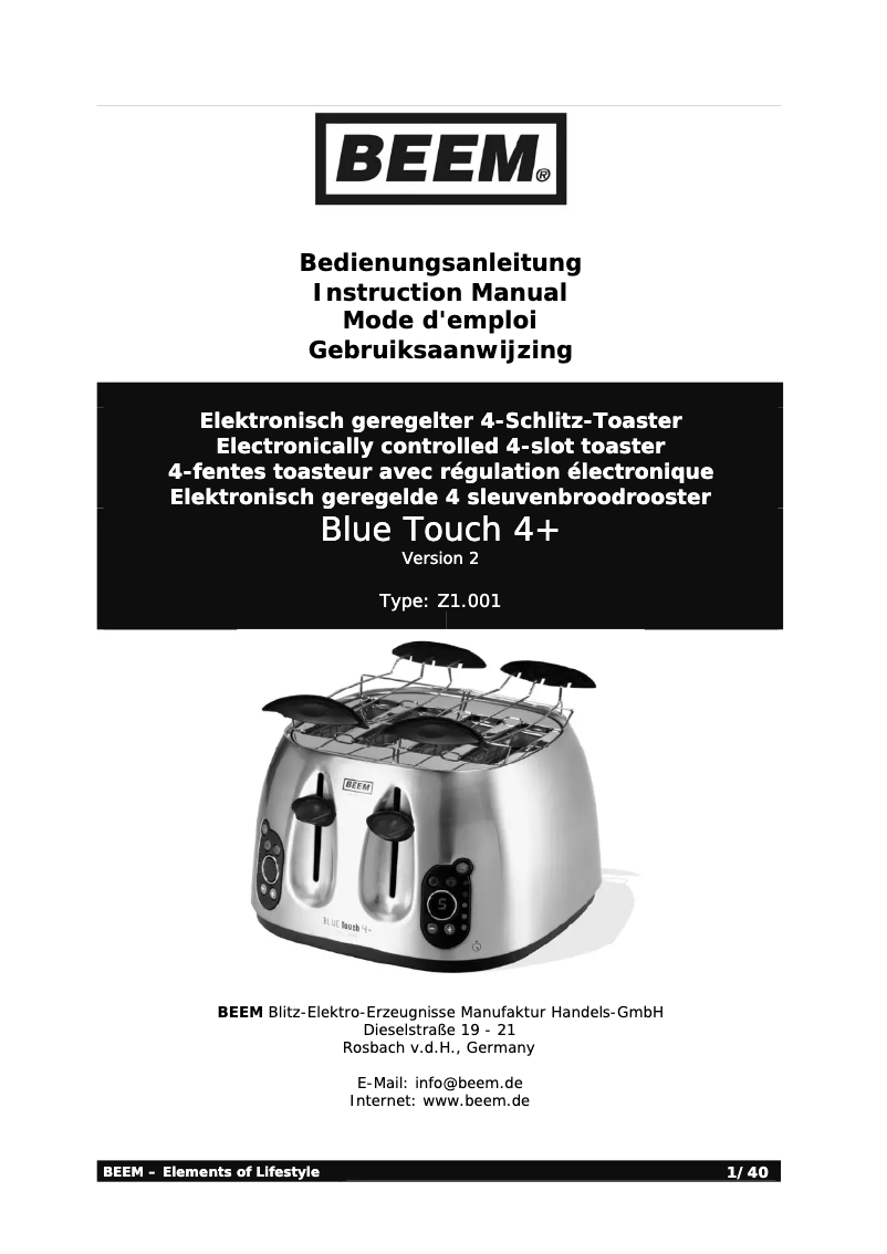 Page n°1 - Manuel utilisateur BEEM Blue Touch 4+ Z1.001