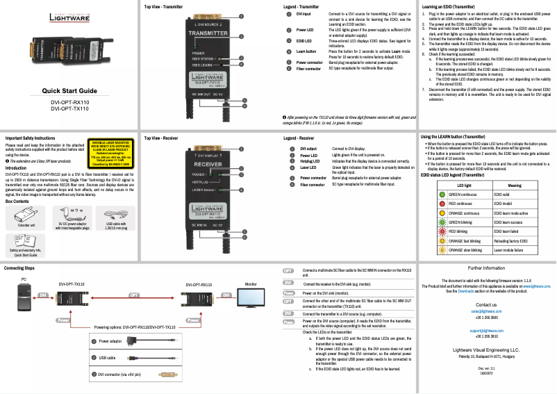 Page n°1 - Manuel utilisateur Lightware DVI-OPT-RX110