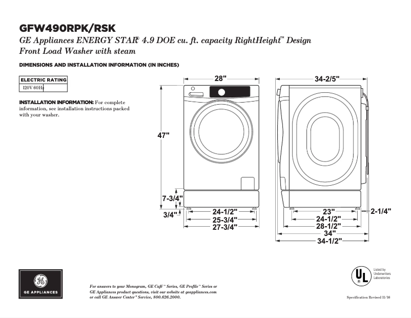Page 1 de la notice Fiche technique GE GFW490RPKDG