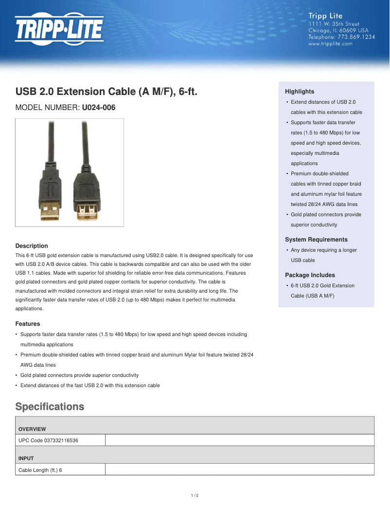 Page 1 de la notice Manuel utilisateur Tripp Lite U024006