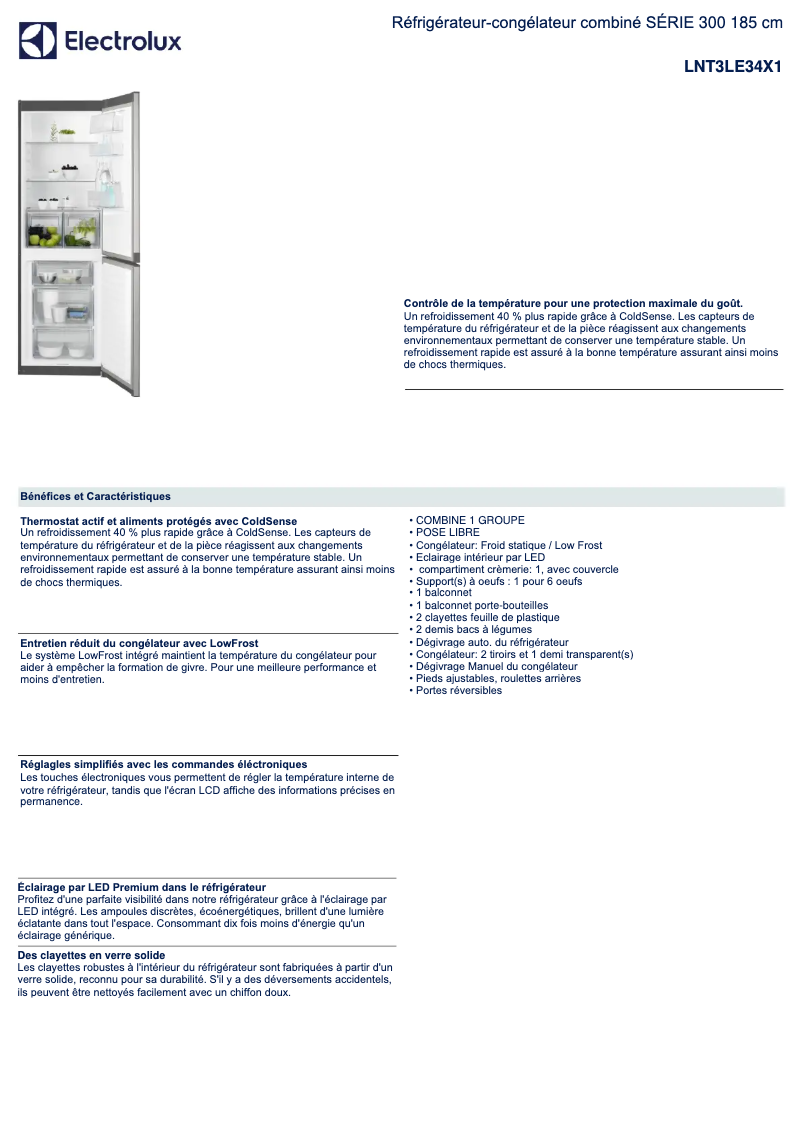 Page 1 de la notice Fiche technique Electrolux LNT3LE34X1