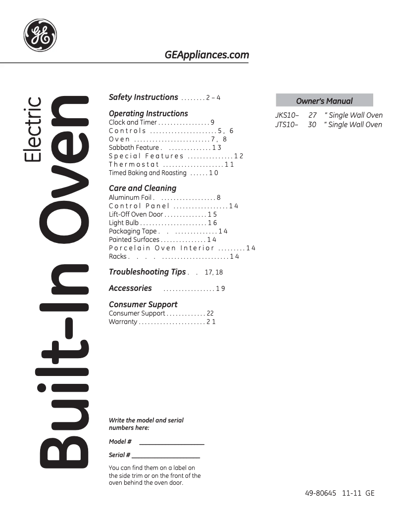 Page n°1 - Manuel d'utilisation et d'entretien GE JTS10SPSS