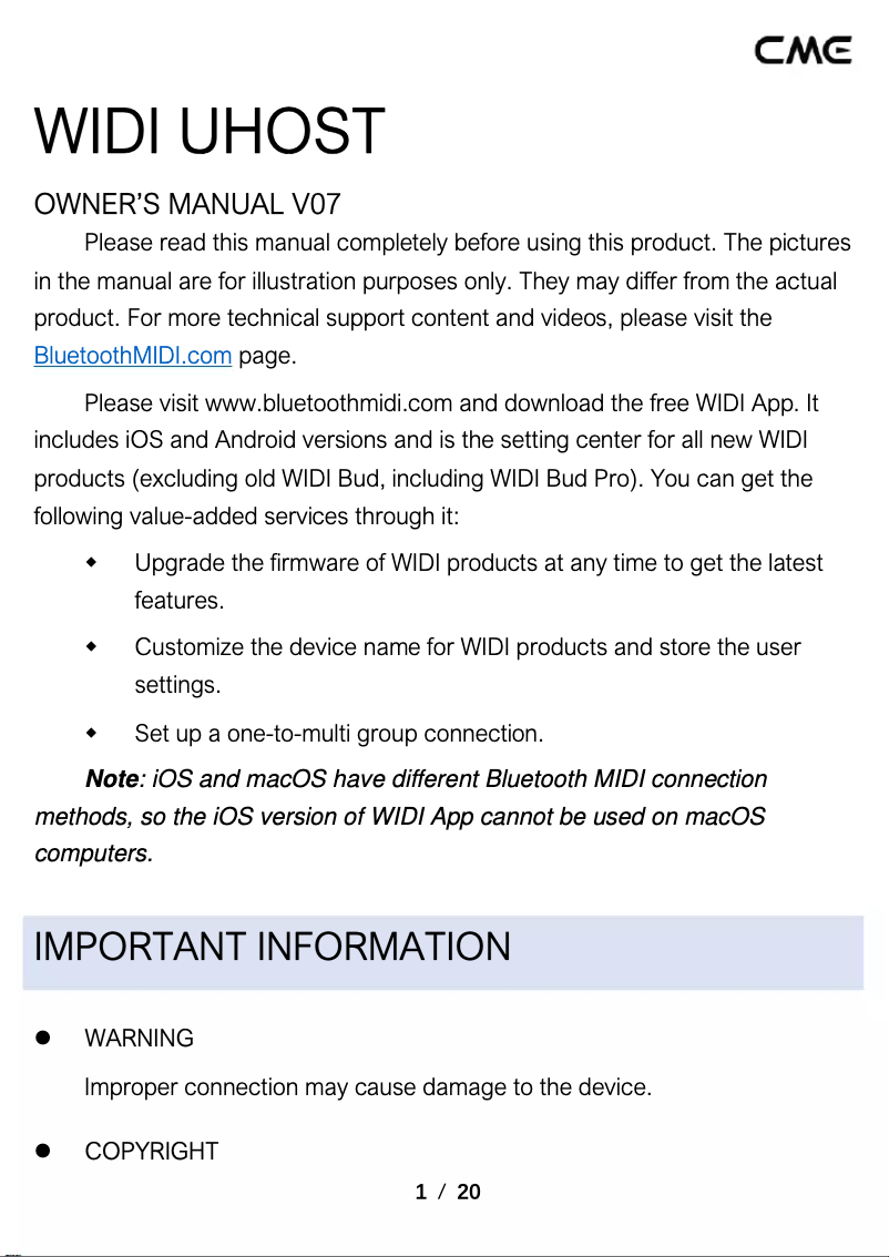 Page n°1 - Manuel utilisateur CME WIDI Uhost