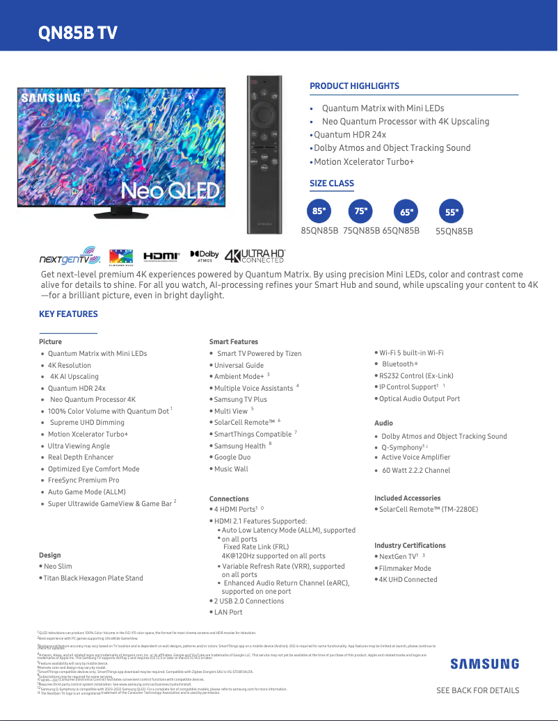 Page 1 de la notice Fiche technique Samsung QN65QN85B