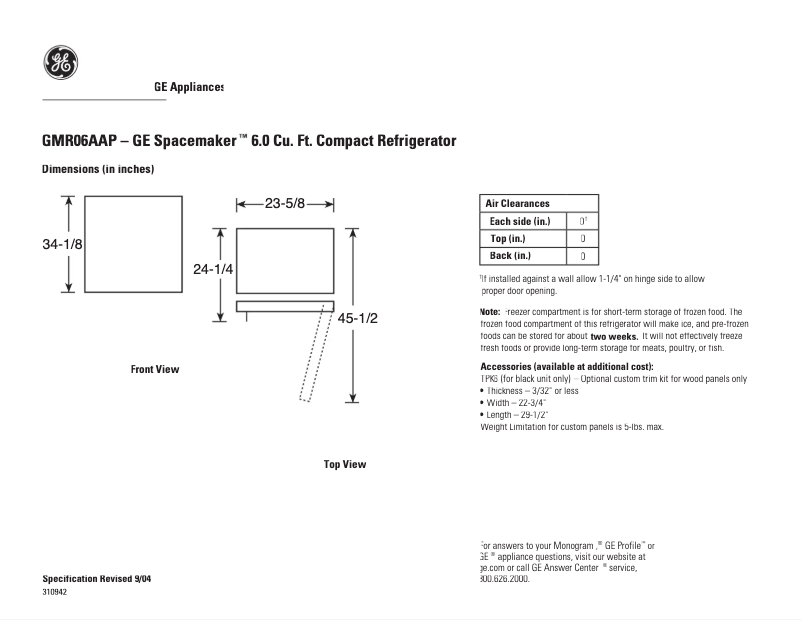 Page n°1 - Fiche technique GE Spacemaker GMR06AAPWW