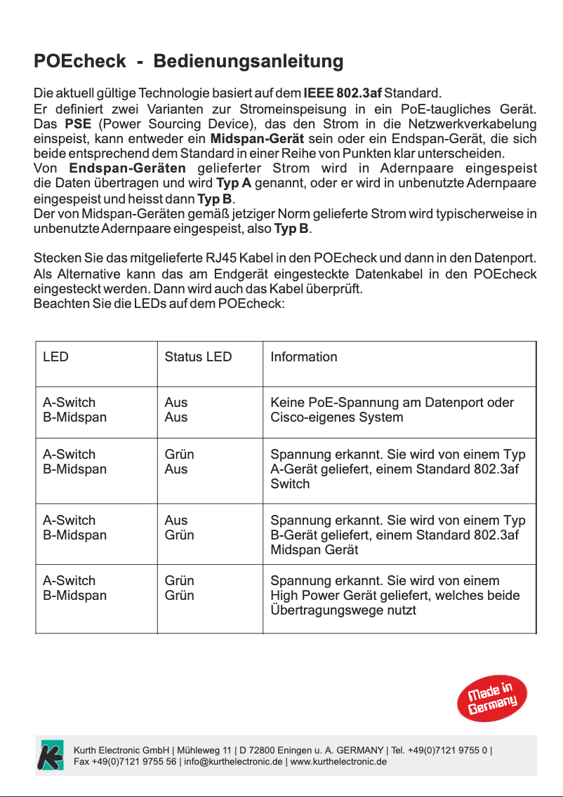 Page n°1 - Manuel utilisateur Kurth Electronic POEcheck