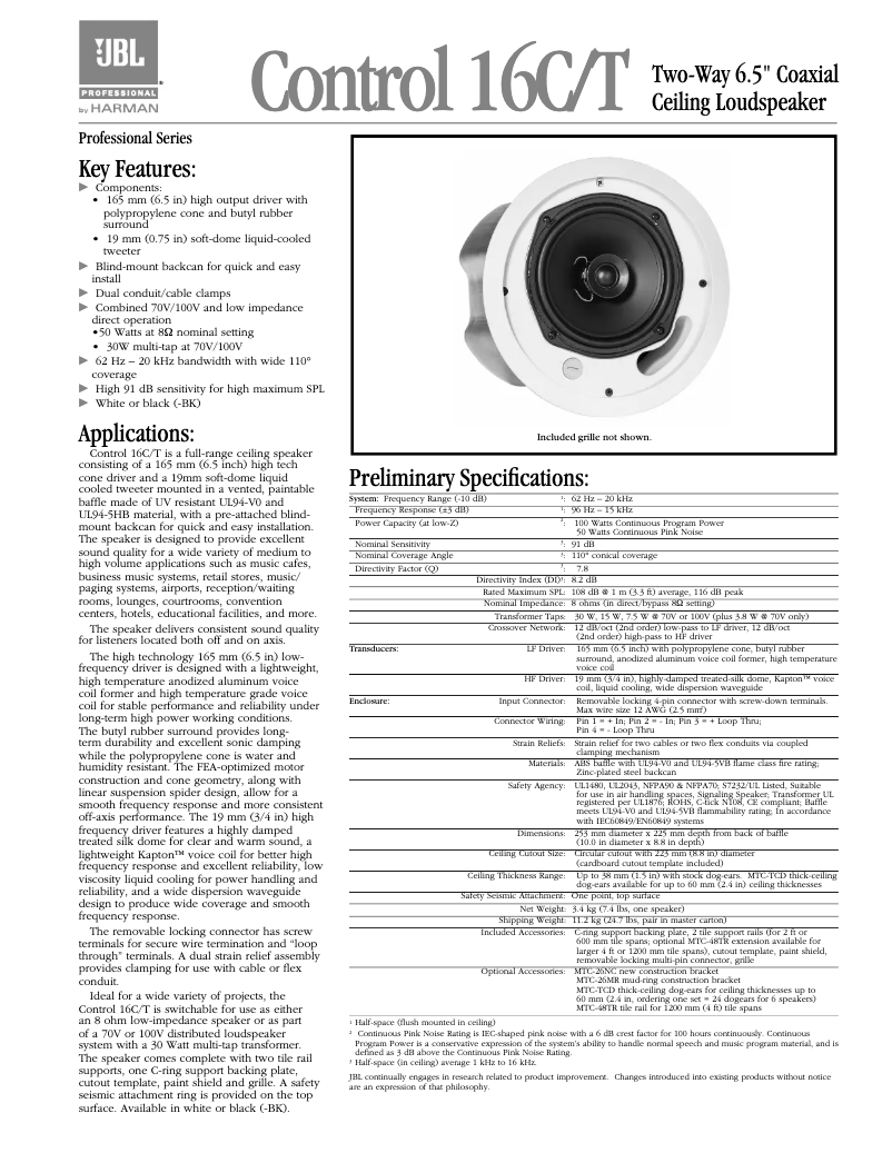 Page n°1 - Brochure JBL Control 16C/T