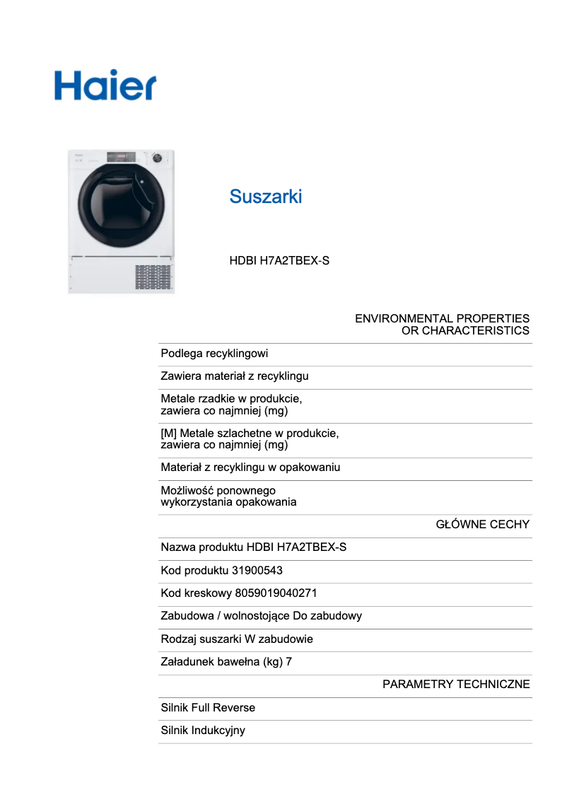 Page n°1 - Label énergétique Haier HDBI H7A2TBEX-S