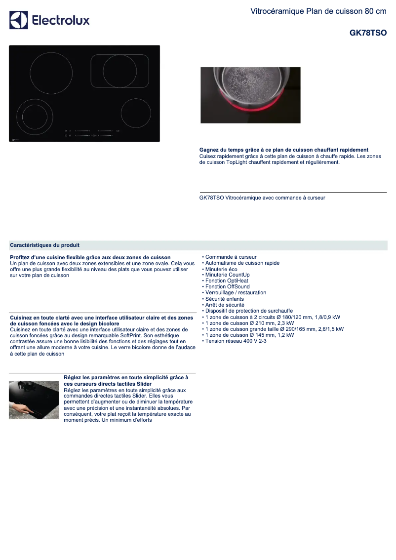 Page 1 de la notice Fiche technique Electrolux GK78TSO