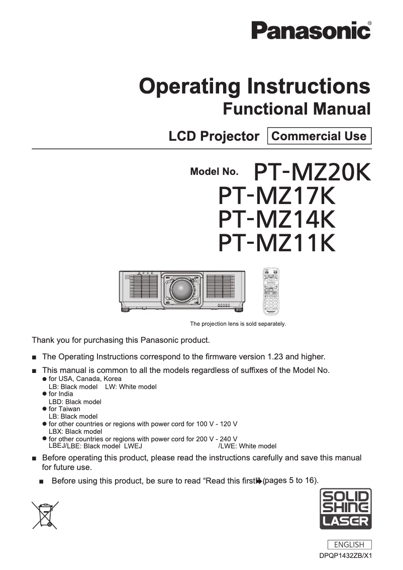 Página 1 del manual Manual de usuario Panasonic PT-MZ11KL