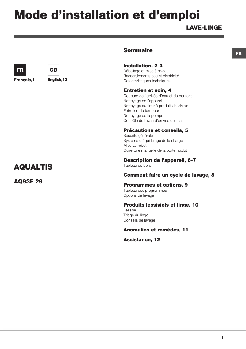 Page n°1 - Manuel utilisateur Hotpoint Ariston AQ93F 29 FR