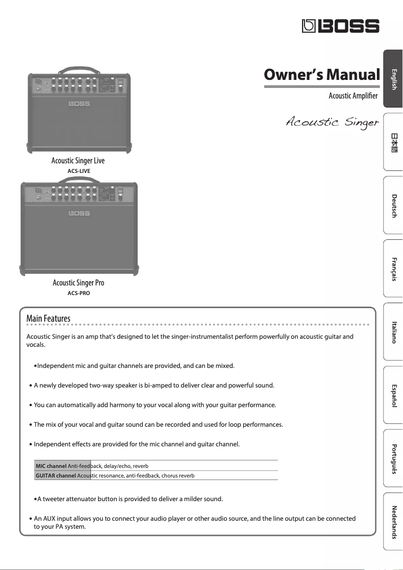 Page 1 de la notice Manuel utilisateur Boss Acoustic Singer Pro