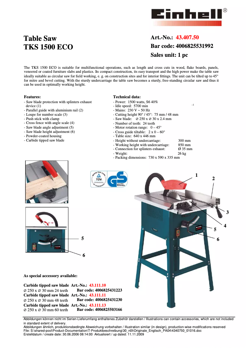 Page n°1 - Manuel utilisateur Einhell TKS 1500 ECO