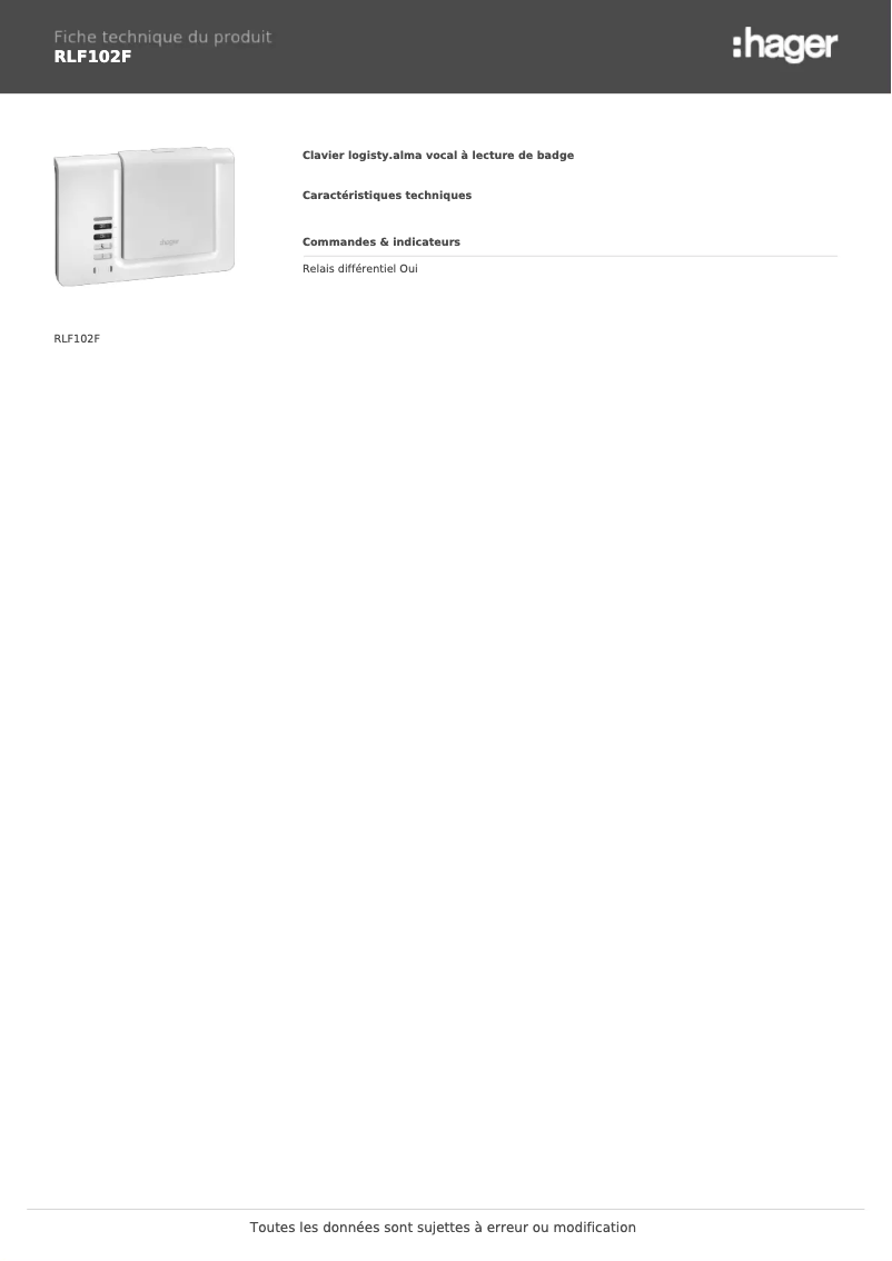 Page n°1 - Fiche technique Hager RLF102F