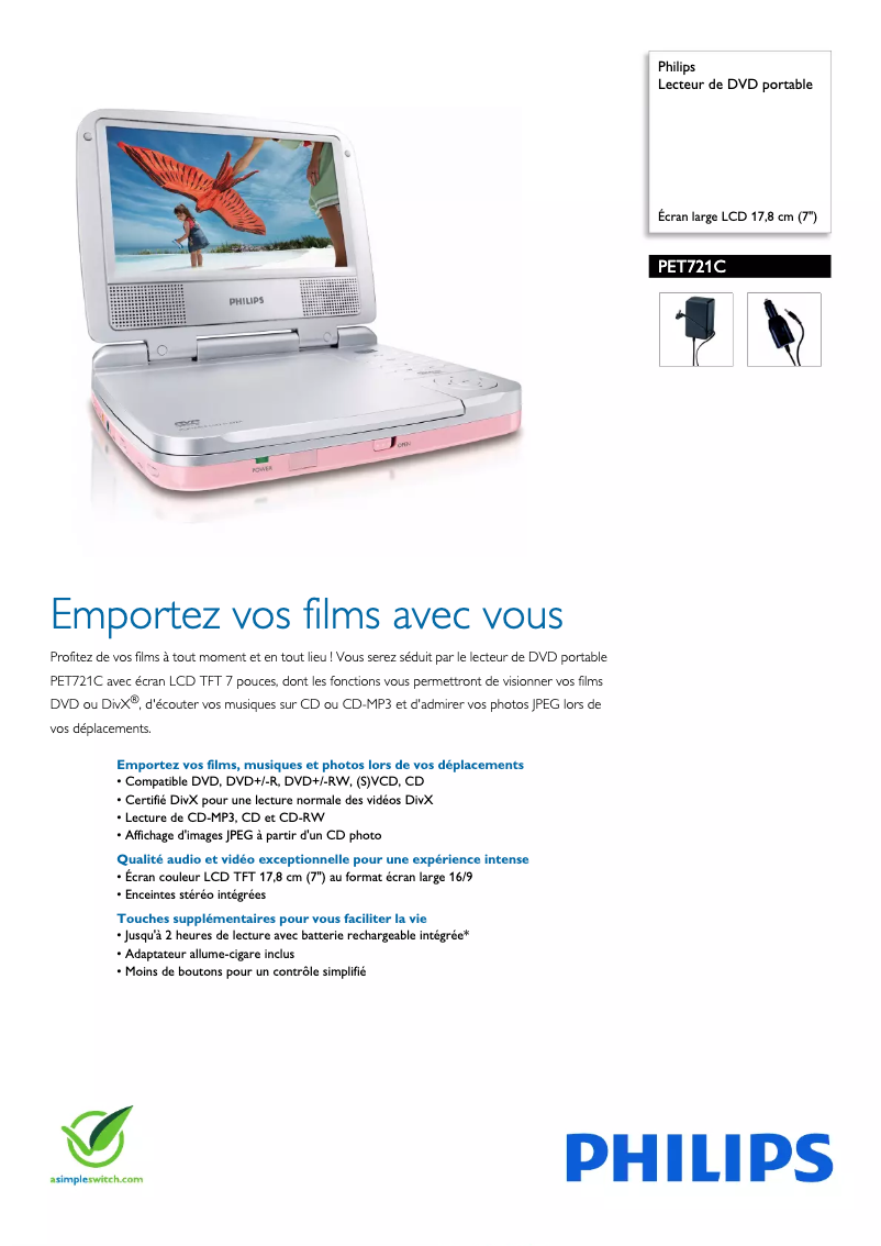 Page 1 de la notice Fiche technique Philips PET721C