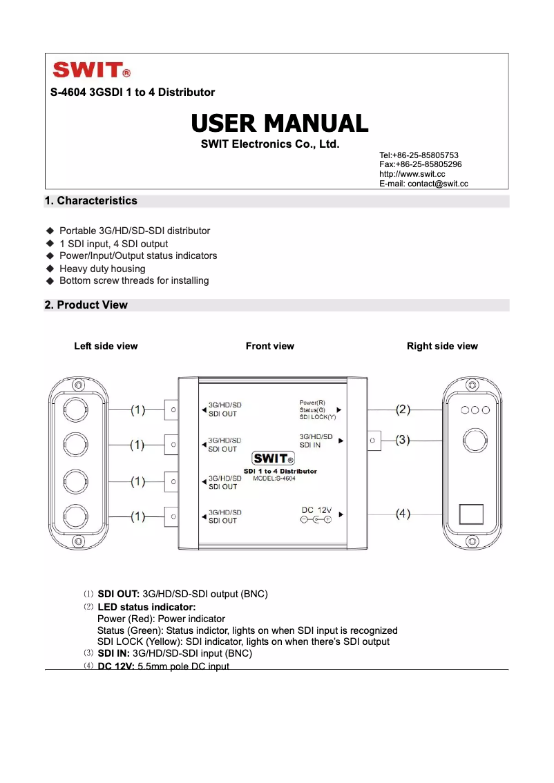 Page n°1 - Manuel utilisateur SWIT S-4604