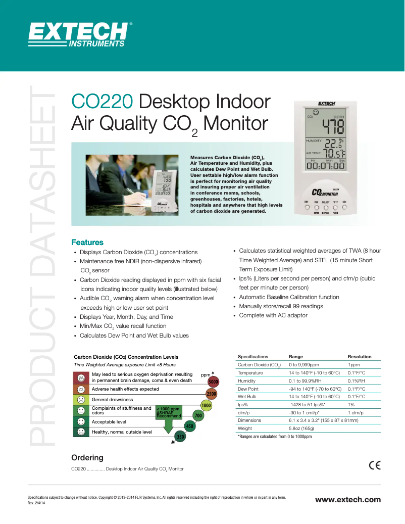 Page 1 de la notice Fiche technique Extech CO220