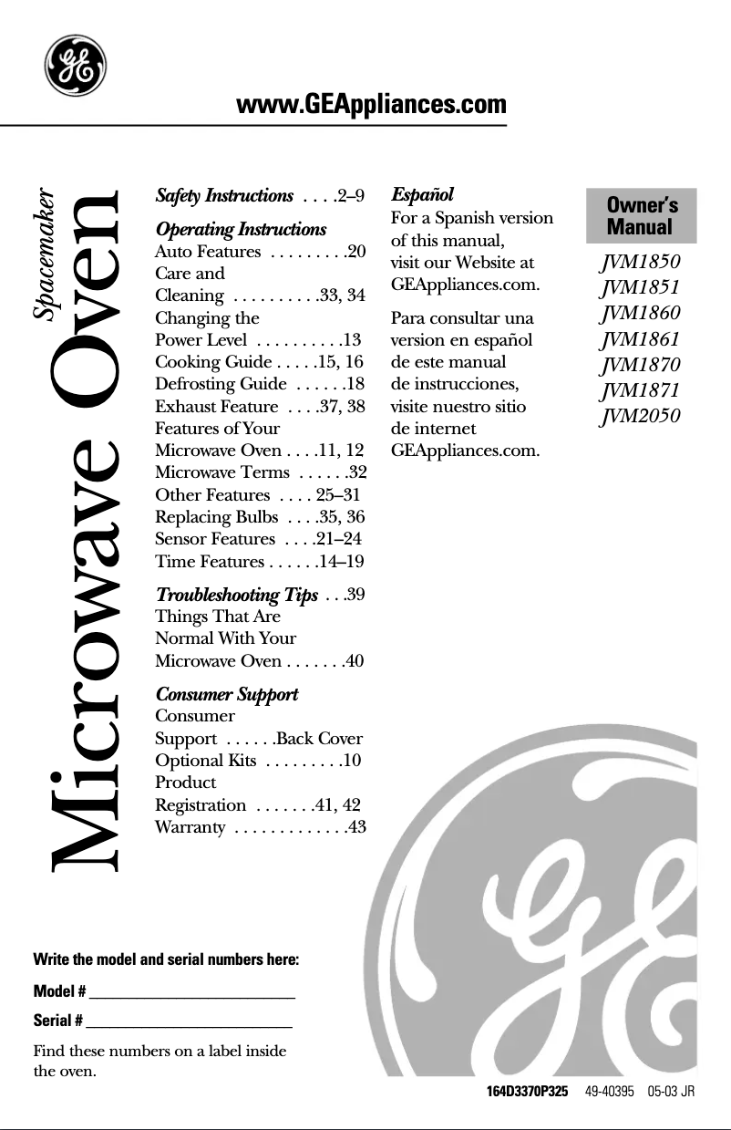 Page n°1 - Manuel d'utilisation et d'entretien GE JVM1850WF