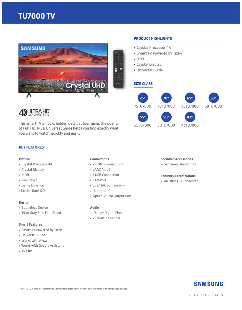 Page 1 de la notice Fiche technique Samsung UN65TU7000FXZA