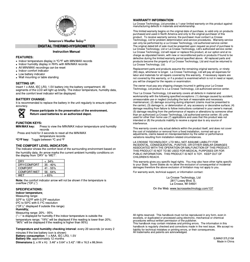 Page n°1 - Manuel utilisateur La Crosse Technology WT-137U