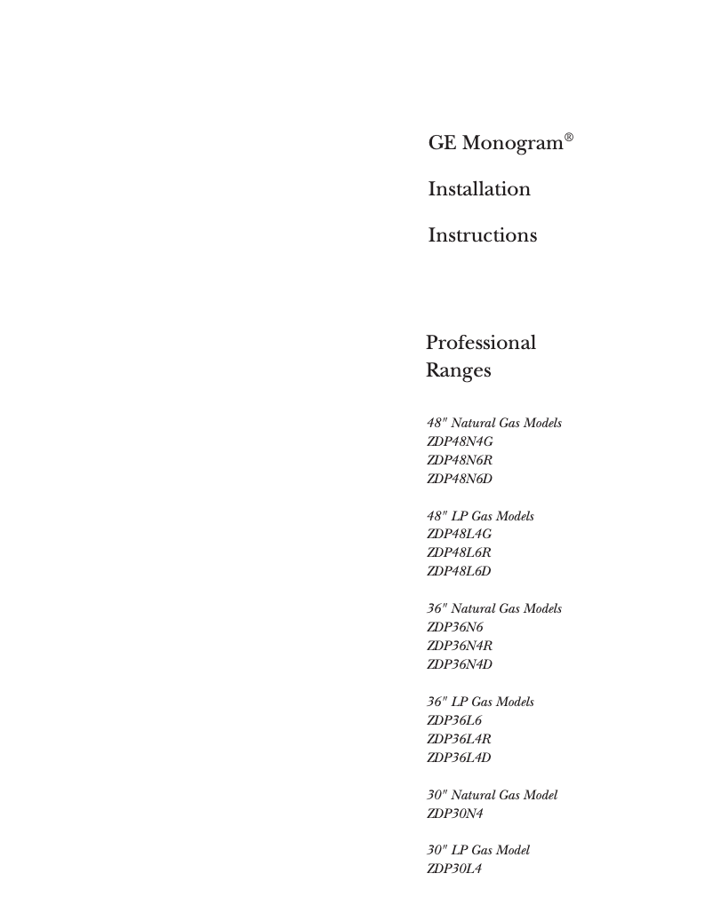 Page n°1 - Guide d'installation GE ZDP36L4DWSS