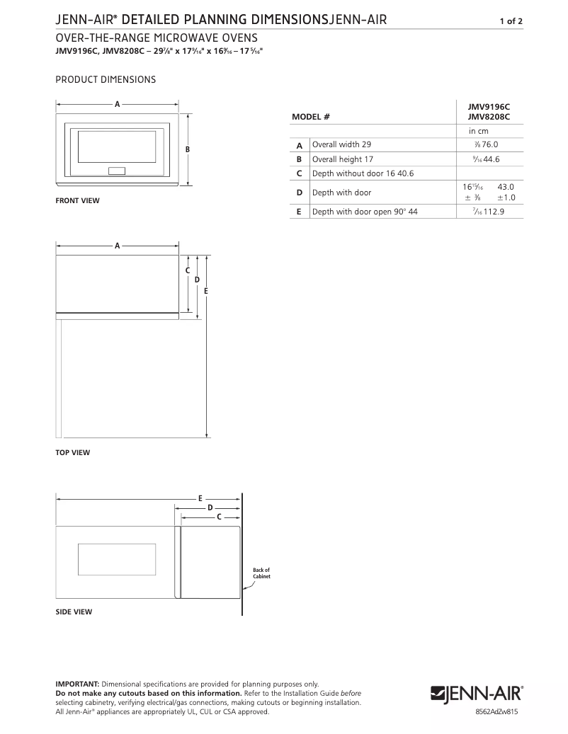 Page 1 de la notice Dessin technique JennAir JMV8208CS