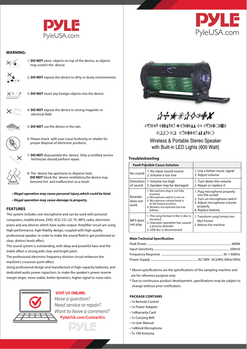 Page 1 de la notice Manuel utilisateur Pyle PBMSPG198