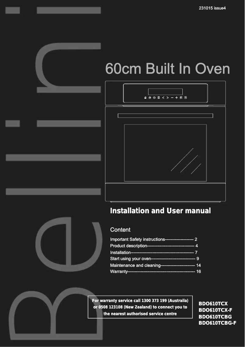 Page 1 de la notice Manuel utilisateur Bellini BDO610TCX-F