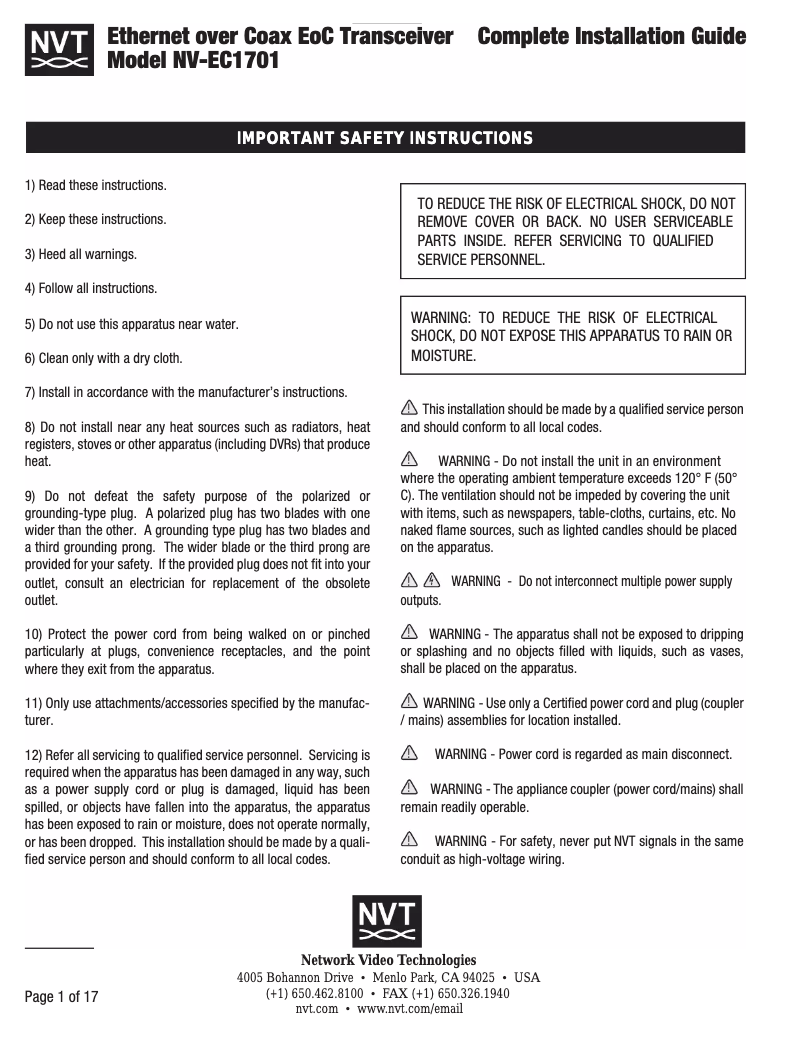 Image de la première page du manuel de l'appareil NV-EC1701