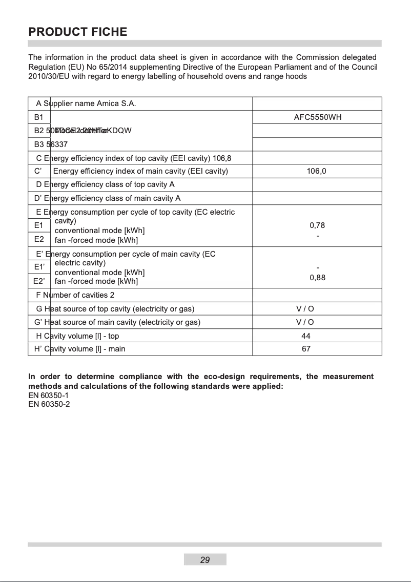 Página 1 del manual Ficha técnica Amica AFC5550WH