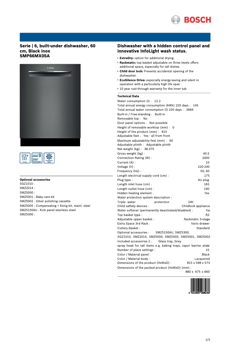 Page 1 de la notice Fiche technique Bosch SMP66MX05A