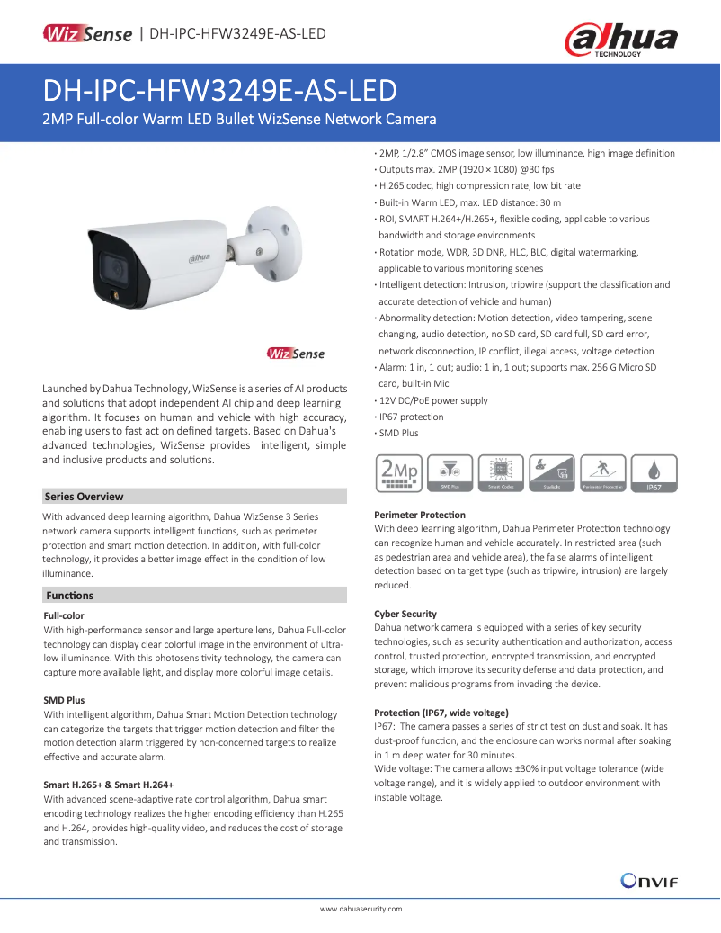 Page 1 de la notice Fiche technique Dahua Technology IPC-HFW3249E-AS-LED