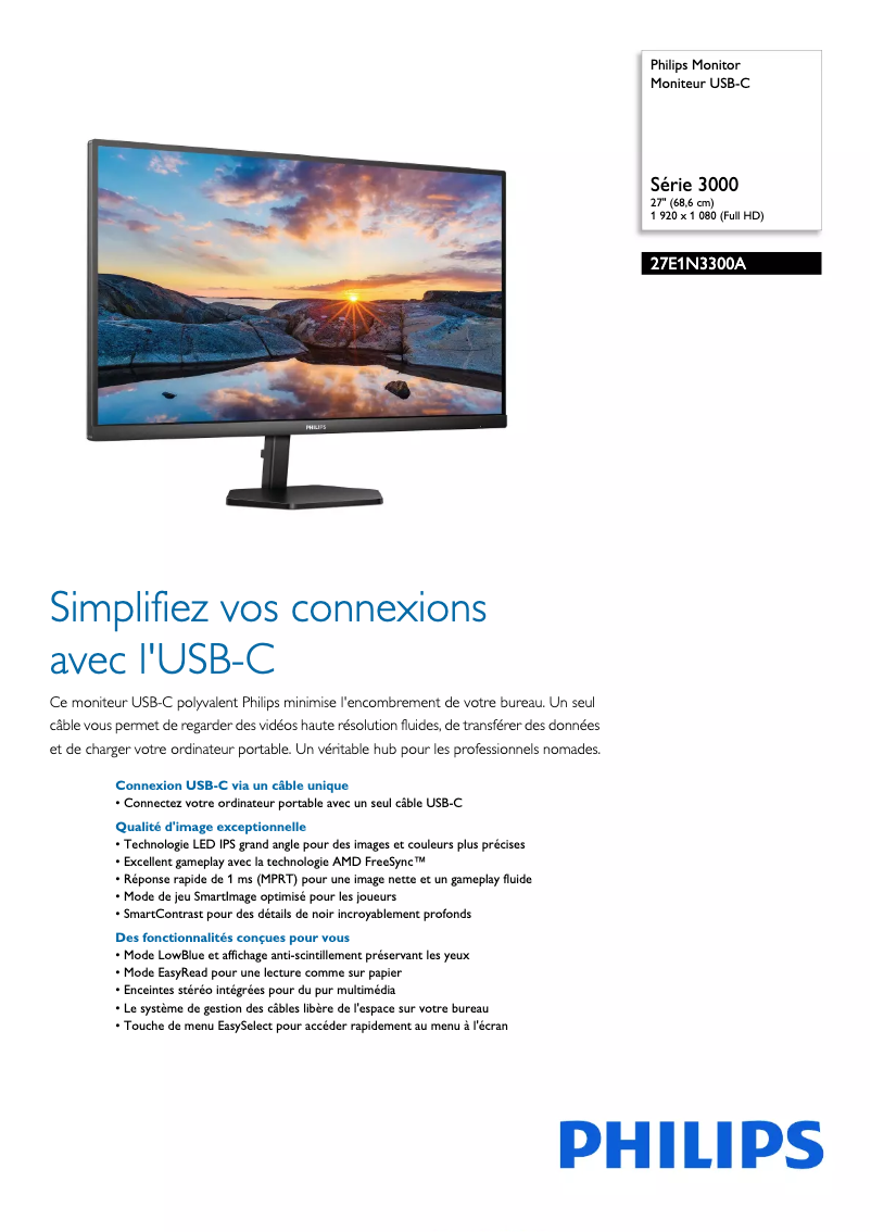 Page 1 of the manual Technical Sheet Philips 27E1N3300A