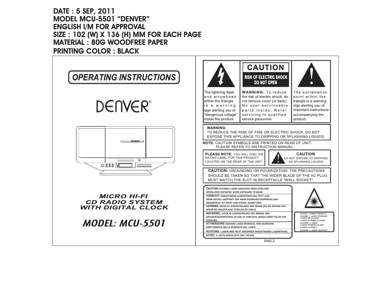 Page 1 de la notice Manuel utilisateur Denver MCU-5501
